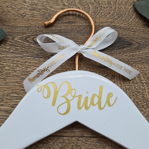 Personalised Bridal Dress Hanger for Wedding Photos, White Wood with Copper Hook and Gold Calligraphy Text image 4