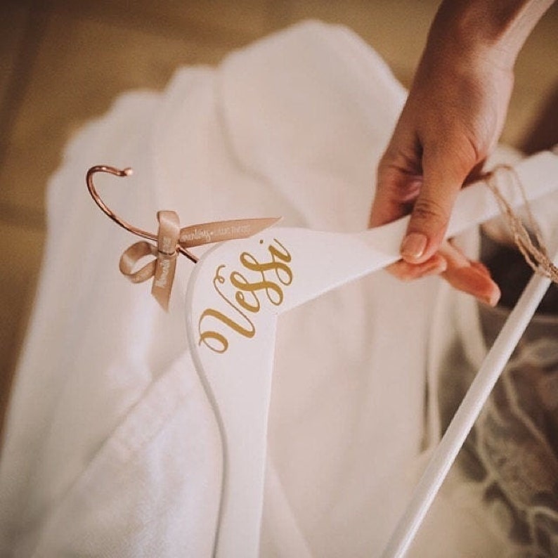 Personalised Bridal Dress Hanger for Wedding Photos, White Wood with Copper Hook and Gold Calligraphy Text image 1