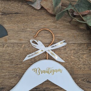 Personalised Bridal Dress Hanger for Wedding Photos, White Wood with Copper Hook and Gold Calligraphy Text image 5
