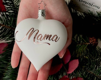 Rose Gold and White Matt Blown Glass Heart-shaped Bauble Christmas Ornament, gift for Mama