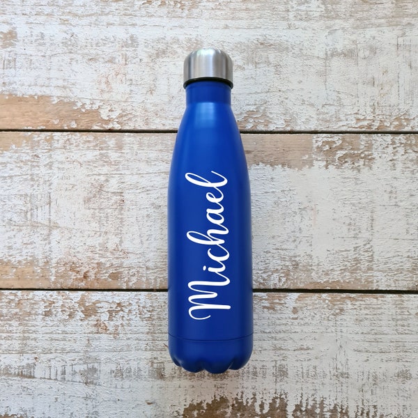 Personalisierte blaue Flasche mit weißem Namen | Edelstahl-Vakuum-Wasserflasche | Geschenk für Ihn | Geschenk für Sie | Weihnachtsgeschenk