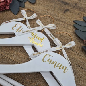 Personalised Bridal Dress Hanger for Wedding Photos, White Wood with Copper Hook and Gold Calligraphy Text image 9