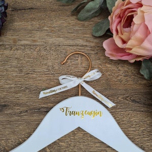 Personalised Bridal Dress Hanger for Wedding Photos, White Wood with Copper Hook and Gold Calligraphy Text image 6