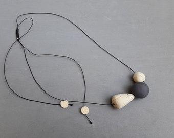 Adjustable drawstring necklace, Long ceramic necklace, Black porcelain necklace, Stoneware pendant, Ceramic jewellery,Modern ceramic pendant