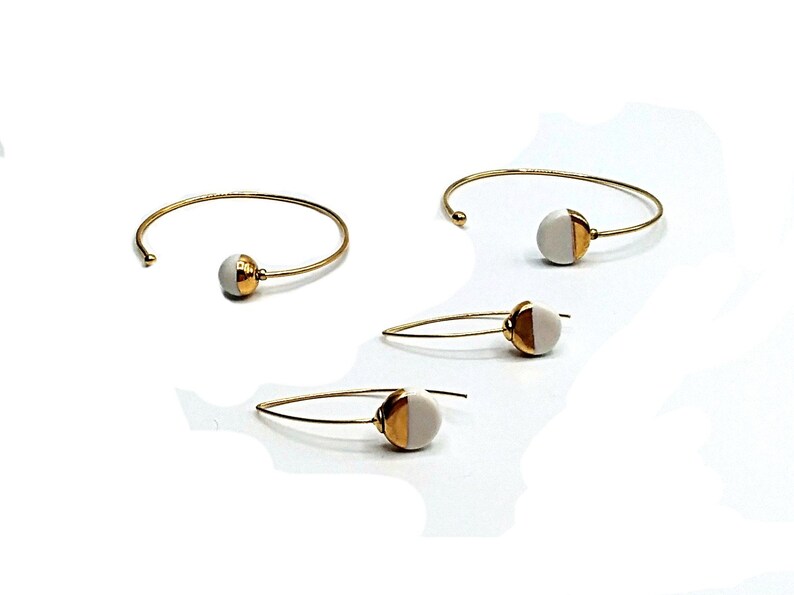 Gold wire bracelet, ceramic bracelet, adjustable bead bracelet, white porcelain bracelet, designer bracelet, minimalist bracelet. image 9