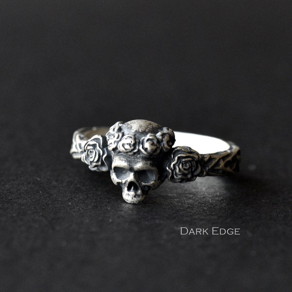 Sterling silver rose skull statement ring skull ring womens jewellery gift by Dark Edge Jewellery