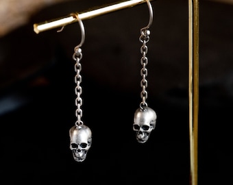 Sterling Silver Skull Drop Earrings Skull Hook Dangle Earrings by Dark Edge