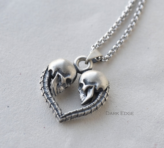 Sterling Silver Skull Necklace Skull Heart Necklace Spine Heart