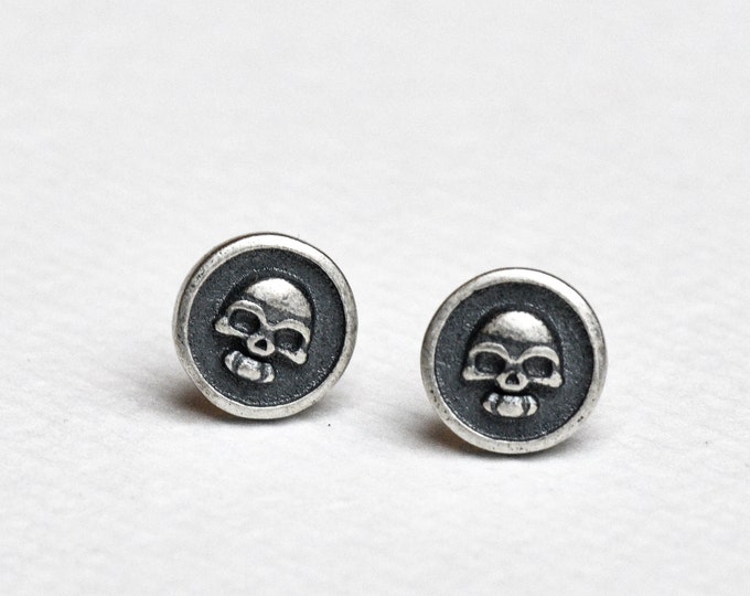 Sterling Silver Skull Earrings Stud Circle Earrings Mens Womens Stud Earrings Punk by Dark Edge Jewellery