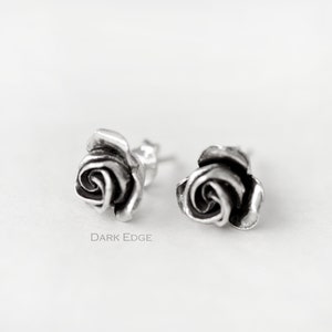 925 sterling silver rose earrings 3D stud pierced earrings womens Gothic jewellery gift by Dark Edge Jewellery