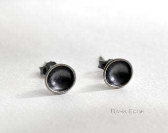 Mini Oxidised Sterling Silver Circle Earrings Disc Earrings Mens Womens Stud Earrings Punk by Dark Edge Jewellery