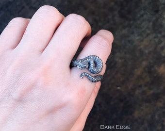 Sterling silver snake ring silver rattlesnake statement ring 3D animal ring adjustable mens womens jewellery gift by Dark Edge Jewellery