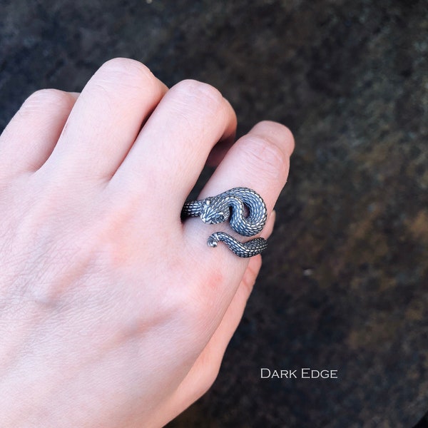 Sterling silver snake ring silver rattlesnake statement ring 3D animal ring adjustable mens womens jewellery gift by Dark Edge Jewellery