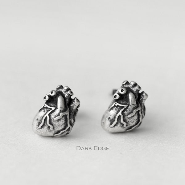925 sterling silver 3D anatomy heart earrings stud pierced earrings mens womens punk jewellery gift by Dark Edge Jewellery