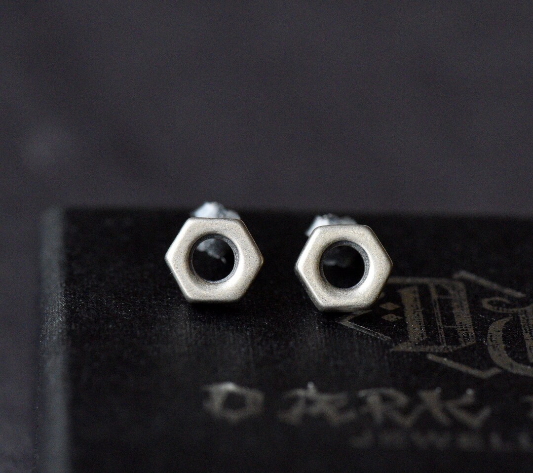 Sterling Silver Hex Nut Earrings Stud Earrings Mens Womens Punk