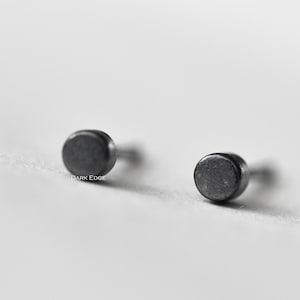 Mini Sterling silver black circle dot earrings mens womens stud earrings Gothic jewellery gift by Dark Edge Jewellery