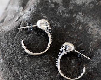 Sterling Silver Skull Hoop Earrings Skull Drop Earrings Mens Womens Earrings Gift