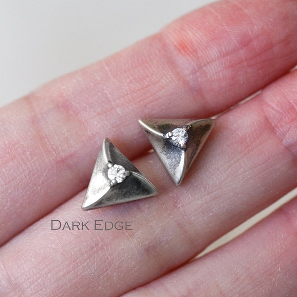 925 sterling silver triangle earrings stud spiral twist geometry earrings CZ stud mens womens Gothic punk gift by Dark Edge Jewellery