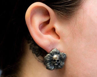 Sterling Silver Poppy Flower Earrings Skull Earrings Womens Stud Earrings Jewellery Gift by Dark Edge Studio