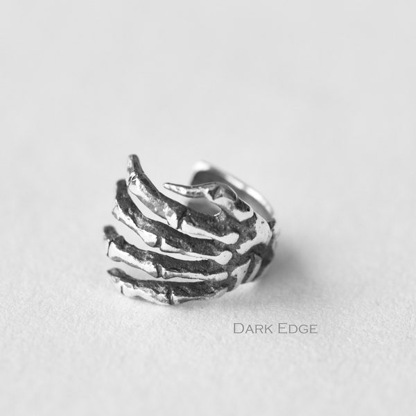 925 sterling silver hand ear cuff skeleton bone earring one single piece non pierced mens womens earrings by Dark Edge