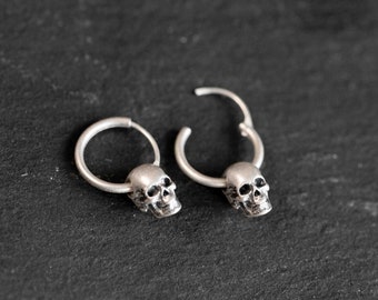 Sterling Silver Skull Hoop Earrings Skull Drop Earrings Mens Womens Earrings Gift