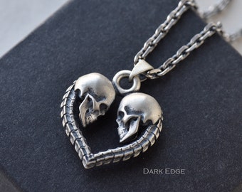 Collier tête de mort en argent sterling Collier coeur tête de mort Collier coeur colonne vertébrale Collier homme femme Goth Cadeau pour la Saint-Valentin Cadeau par Dark Edge Jewell