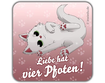 Quadratischer Magnet-Sticker Katze Wuschel mit Spruch: Liebe hat vier Pfoten Magnetfolie Geschenk Kühlschrank Magnet Magnete Whiteboard