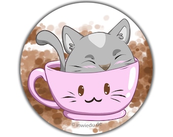 Runder Magnet-Sticker Katze I Love Coffee Magnetfolie Geschenk Kühlschrank Magnet Magnete Whiteboard Tiermotiv Kaffee Tasse Kaffeeliebhaber