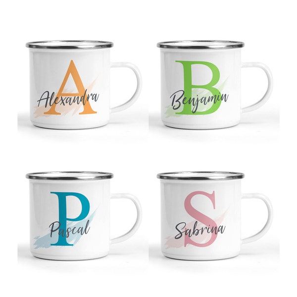 Personalisierte Emaille Tasse mit Namen und Buchstaben Geschenk Geburtstag Wunschname mit Spruch Wunschbuchstabe Buchstabe Becher Mann Frau