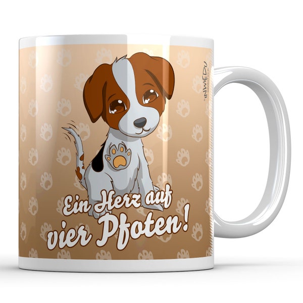 Tasse Becher Kaffeetasse Hund Spruch Ein Herz auf vier Pfoten Keramiktasse Kaffeebecher Geschenk Keramik 330 ml personalisierbar