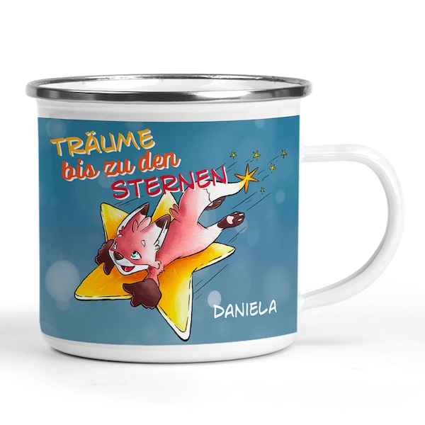 Emaille Becher Camping Tasse Funkelfuchs Träume bis zu den Sternen Emailletasse Kaffeetasse Kindertasse Träume Stern Kinder Emaille 300 ml