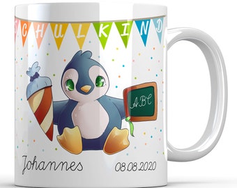 Personalisierte Tasse Pinguin Schulkind mit Namen zur Einschulung Schulkind Schule Kinder Junge Mädchen Name Schultüte Kaffee Keramik 330 ml