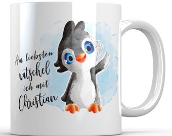 Personalisierte Kaffee Tasse Pinguin Ich watschel am liebsten mit Name Tiermotiv Tiere Kinder Geschenk Geburtstag Keramik 330 ml