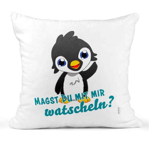 Kissen Plüsch Pinguin Nani Magst Du mit mir watscheln 40x40cm Kissenbezug  Füllung Kuschelkissen Kinder Plüschkissen personalisierbar - .de
