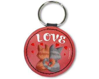 Runder Schlüsselanhänger Liebes Katze Katzen LOVE Kunstleder Anhänger Geschenk Schlüssel Ring Liebe Paar Valentinstag personalisierbar