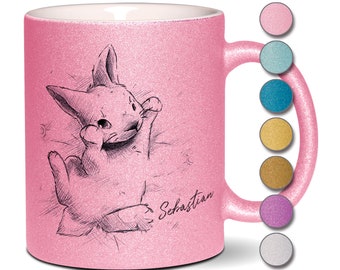Personalisierte Glitzer Tasse Kaffeetasse mit Namen und Strichzeichnung Hase Keramiktasse Kaffeebecher Geschenk Keramik Kinder Name 330 ml