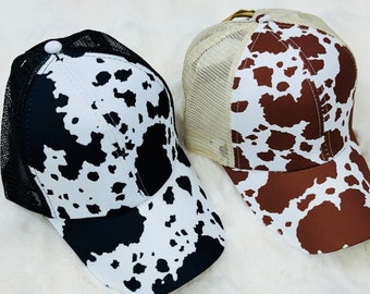 Criss Cross Pony Tail Cow Hat | Cow Print | Baseball Mesh Criss Cross Cap
