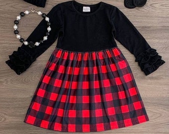Christmas Buffalo Plaid Dress Ruffle Kids - Red Plaid dress - Toddler Baby Girls Dress - Checkered Holiday Dress - Dress with ruffles