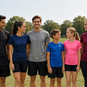 May include: A group of six individuals wearing short-sleeved athletic t-shirts in black, navy blue, gray, bright blue, hot pink, and maroon, paired with black athletic shorts or leggings, standing together in an outdoor field setting.