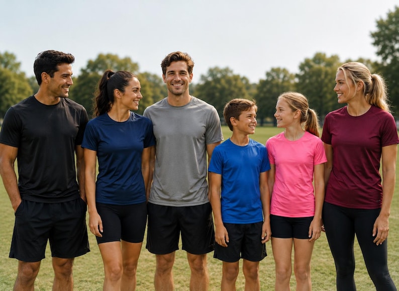May include: A group of six individuals wearing short-sleeved athletic t-shirts in black, navy blue, gray, bright blue, hot pink, and maroon, paired with black athletic shorts or leggings, standing together in an outdoor field setting.