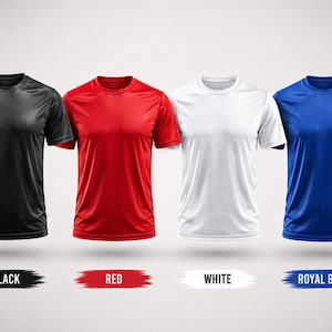 May include: Four short-sleeved crew neck t-shirts in black, red, white, and royal blue. Below each shirt is a corresponding color label: BLACK, RED, WHITE, and ROYAL BLUE, each set against a horizontal brushstroke graphic of the same color.