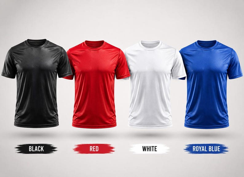 May include: Four short-sleeved crew neck t-shirts in black, red, white, and royal blue. Below each shirt is a corresponding color label: BLACK, RED, WHITE, and ROYAL BLUE, each set against a horizontal brushstroke graphic of the same color.
