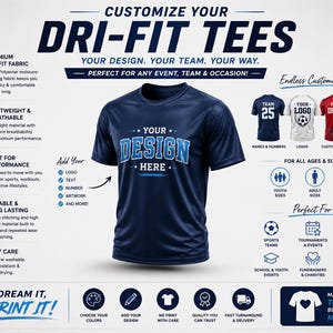 May include: A navy blue short-sleeved t-shirt with the text YOUR DESIGN HERE printed in light blue on the chest. The image includes informational graphics about moisture-wicking fabric, customization options, and various sizes for teams and events.