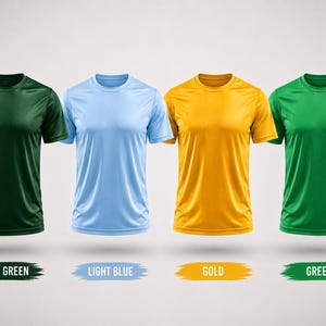 May include: Four short-sleeved crew neck t-shirts in dark green, light blue, gold, and green. Each shirt is labeled below with its respective color: Dark Green, Light Blue, Gold, and Green, displayed on individual brushstroke-style backgrounds.