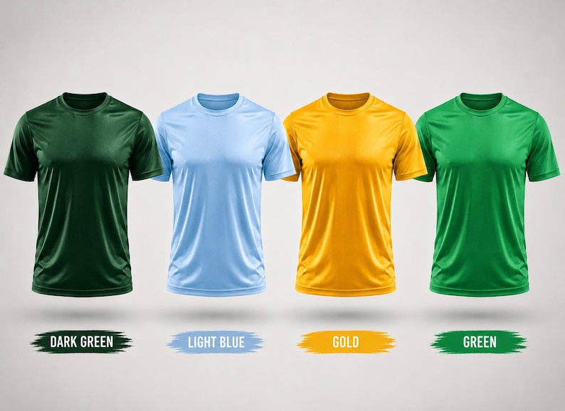 May include: Four short-sleeved crew neck t-shirts in dark green, light blue, gold, and green. Each shirt is labeled below with its respective color: Dark Green, Light Blue, Gold, and Green, displayed on individual brushstroke-style backgrounds.