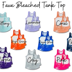 May include: A set of nine bleached tank tops in various colors, including Tiffany, Lavender, Coral, Bright Orange, Royal Blue, Navy, Purple, Gray, and Pink. Each tank top has a smaller tank top layered on top, creating a layered look.