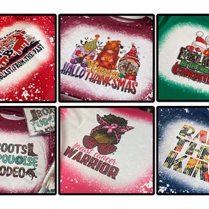 May include: A selection of six graphic t-shirts with different designs. One shirt features "Homecoming" text, another says "Hallo Thanksmas", and a third says "Believe in the magic of Christmas". Other shirts feature "Boots Turquoise Rodeo", "Breast Cancer Warrior", and "Raise Them Kind".