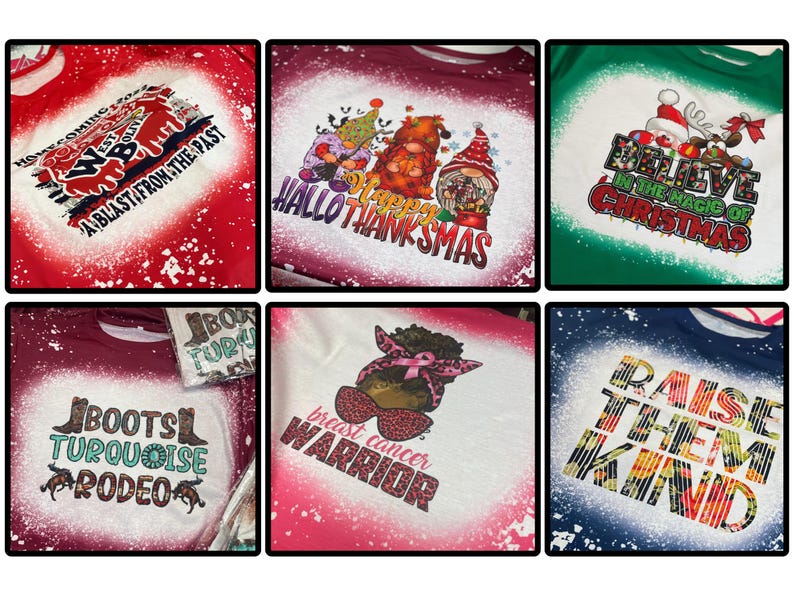 May include: A selection of six graphic t-shirts with different designs. One shirt features "Homecoming" text, another says "Hallo Thanksmas", and a third says "Believe in the magic of Christmas". Other shirts feature "Boots Turquoise Rodeo", "Breast Cancer Warrior", and "Raise Them Kind".