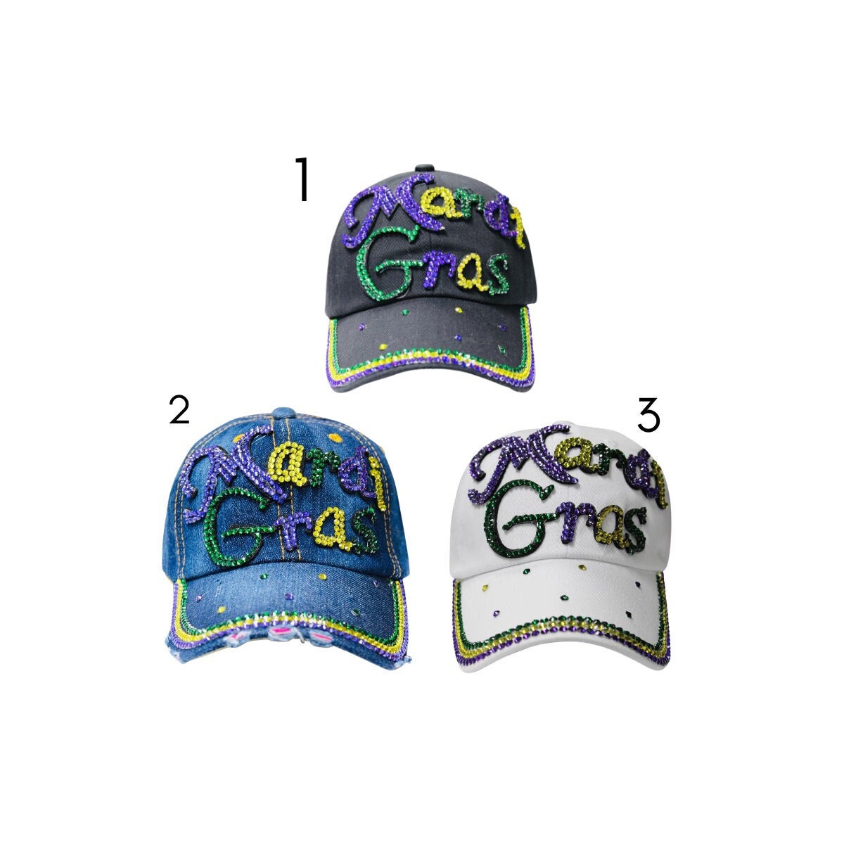 Dark Blue Denim Mask Patch Mardi Gras Sequin Brim Baseball Cap Hat Elonmo Washed Denim Blue Rhinestone Blessed Baseball Cap for  main image 2
