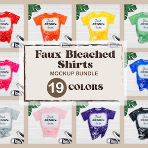 Könnte beinhalten: Ein Mockup-Paket mit 19 gebleichten T-Shirts mit einem Used-Look. Die Shirts liegen auf einem weißen Holzgrund mit grünen Blättern und Sneakern. Der Text "Faux Bleached Shirts" und "19 Colors" ist auf dem Bild zu sehen.